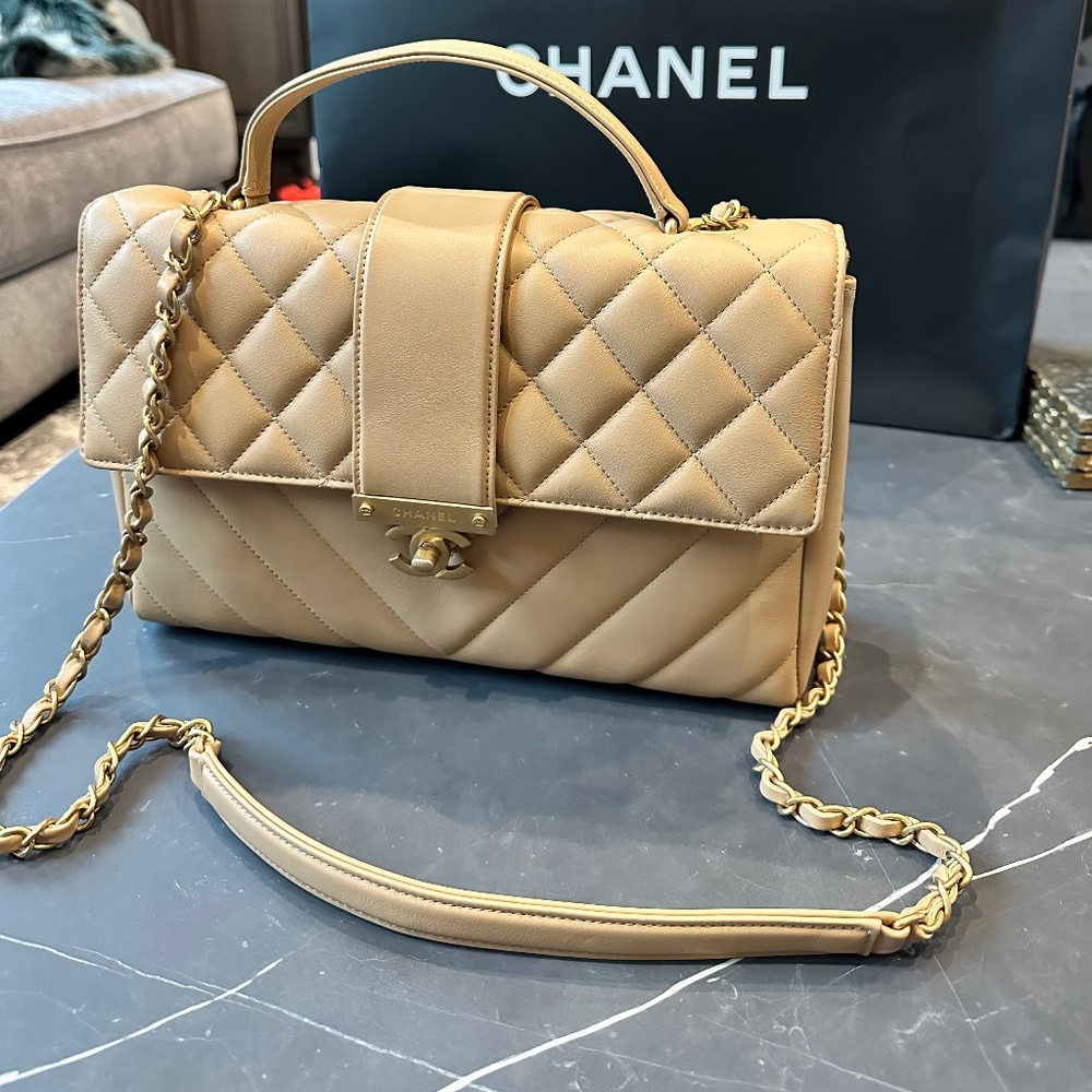 Chanel large flap bag with top handle and strap-beige